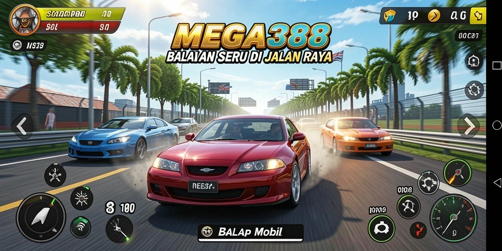 Tampilan layar utama MEGA388 dengan mobil balap yang menunggu start.