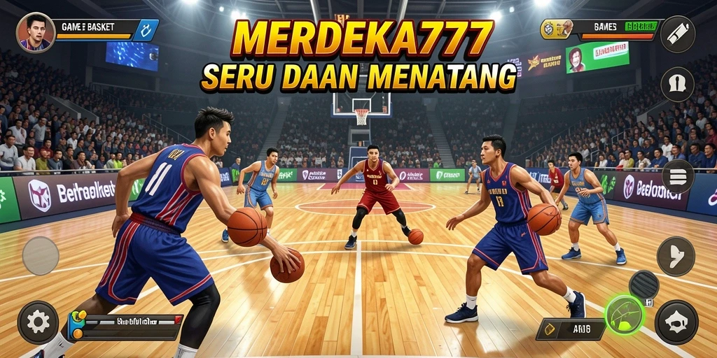 Screenshot utama MERDEKA777 menampilkan pertandingan basket yang mendebarkan.